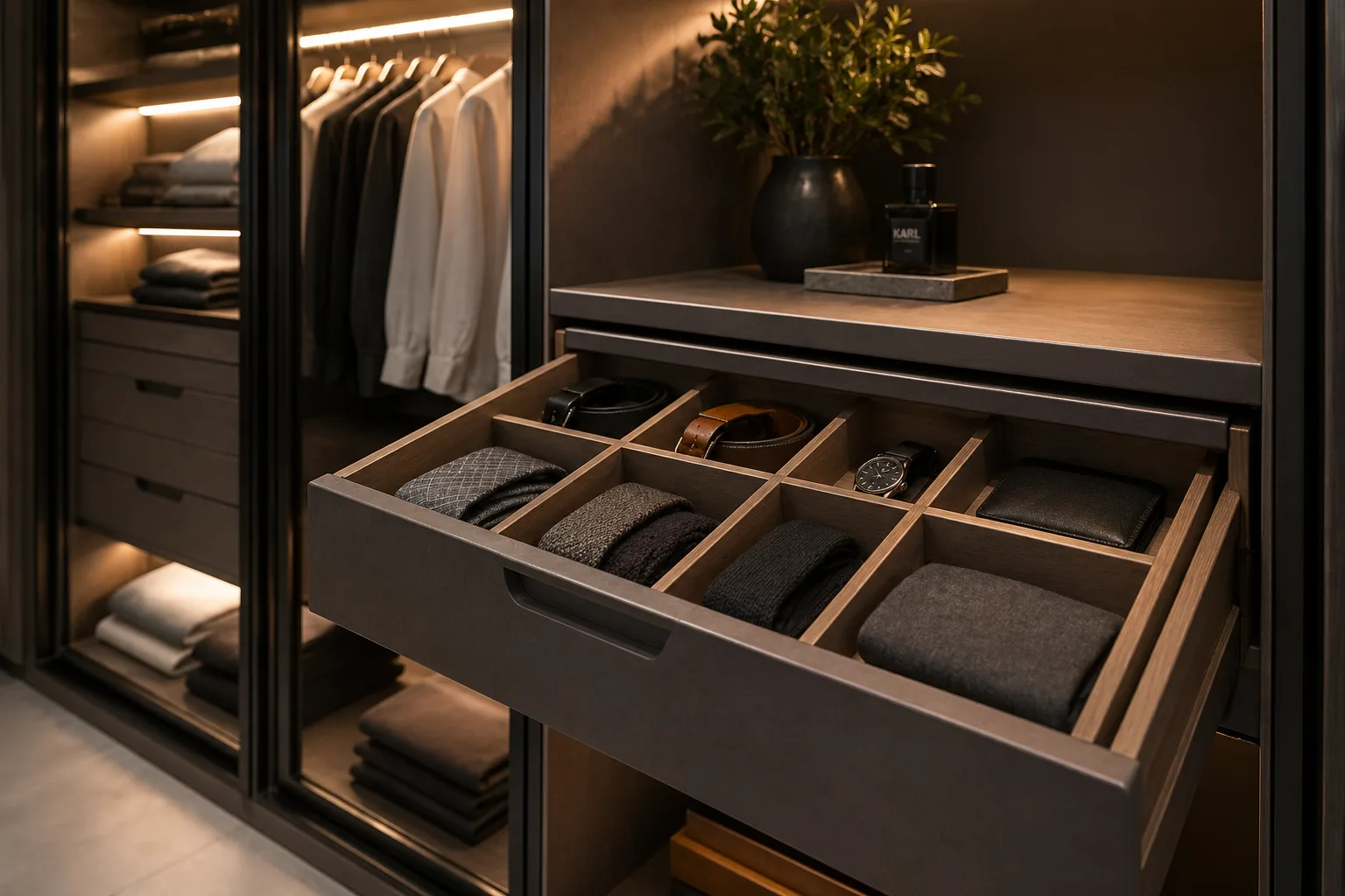 Organized custom drawer layout for belts, watches, and folded clothes