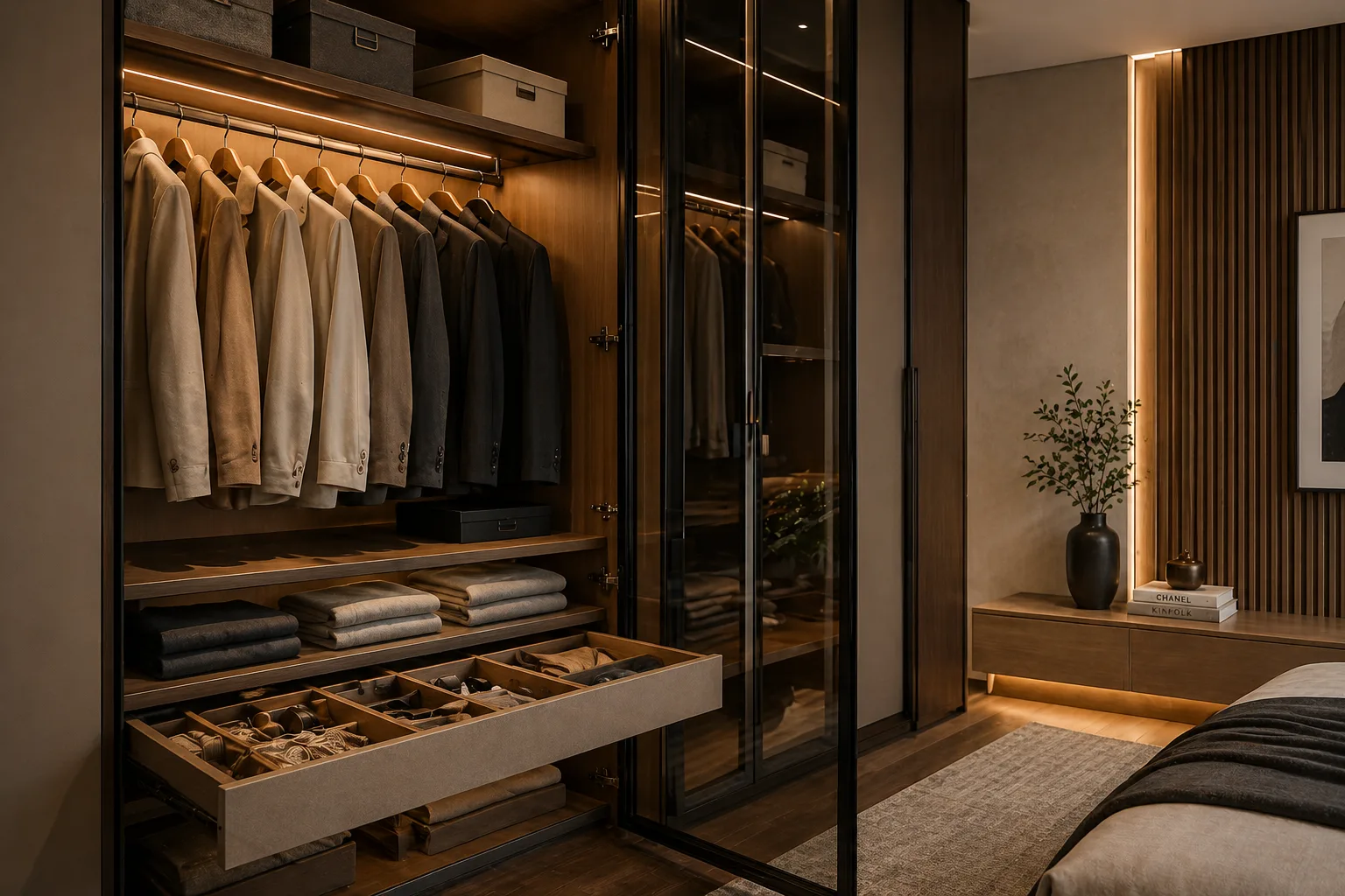 Custom wardrobe interior designed around the owner's belongings