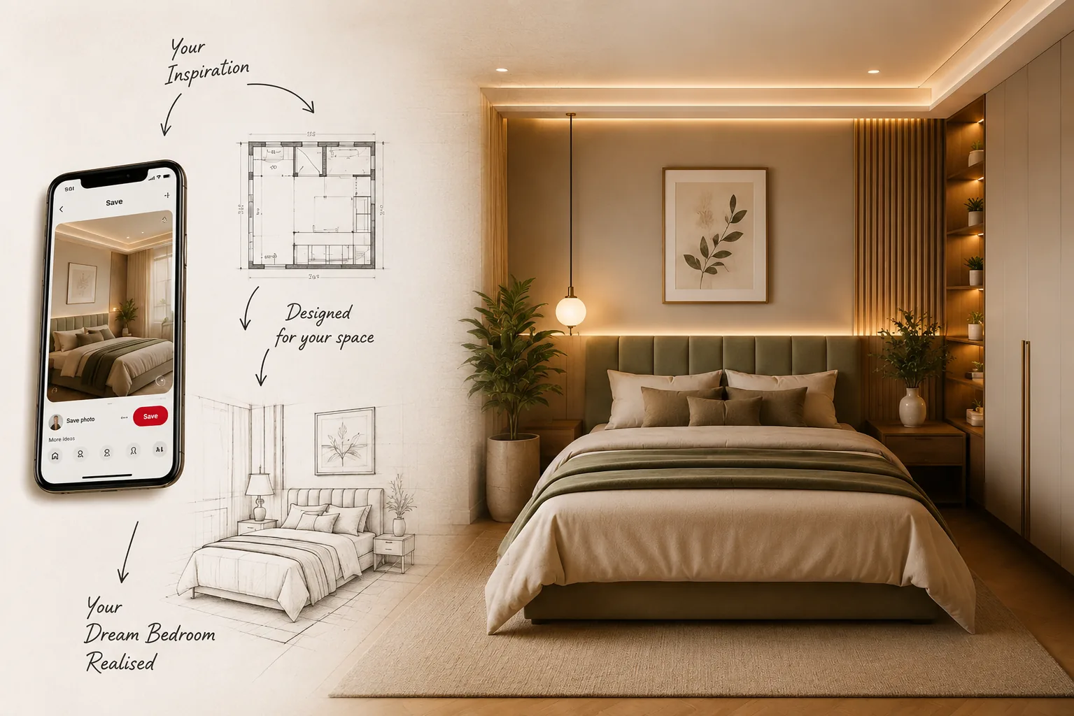 Send a Pinterest or Instagram reference photo and get a custom bedroom render and quote from GN Bedrooms