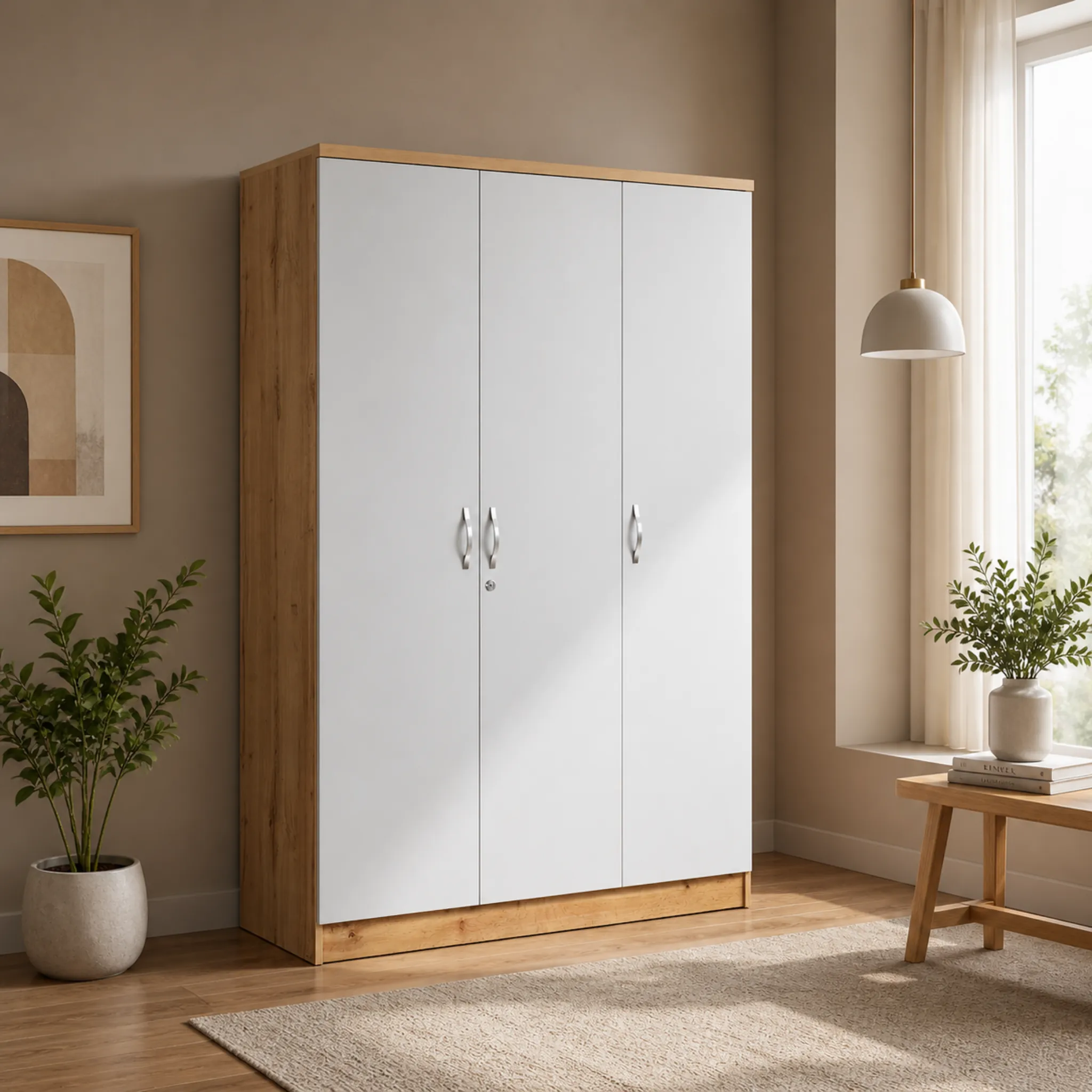 3-Door White and Oak Wardrobe closed