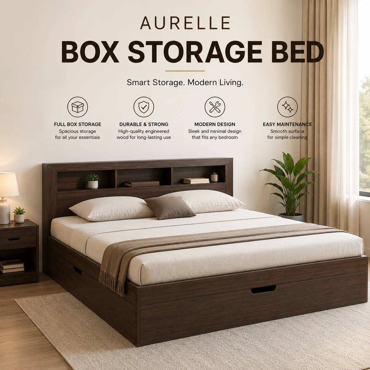 Aurelle Box Storage Bed in a dark walnut finish with bookshelf headboard