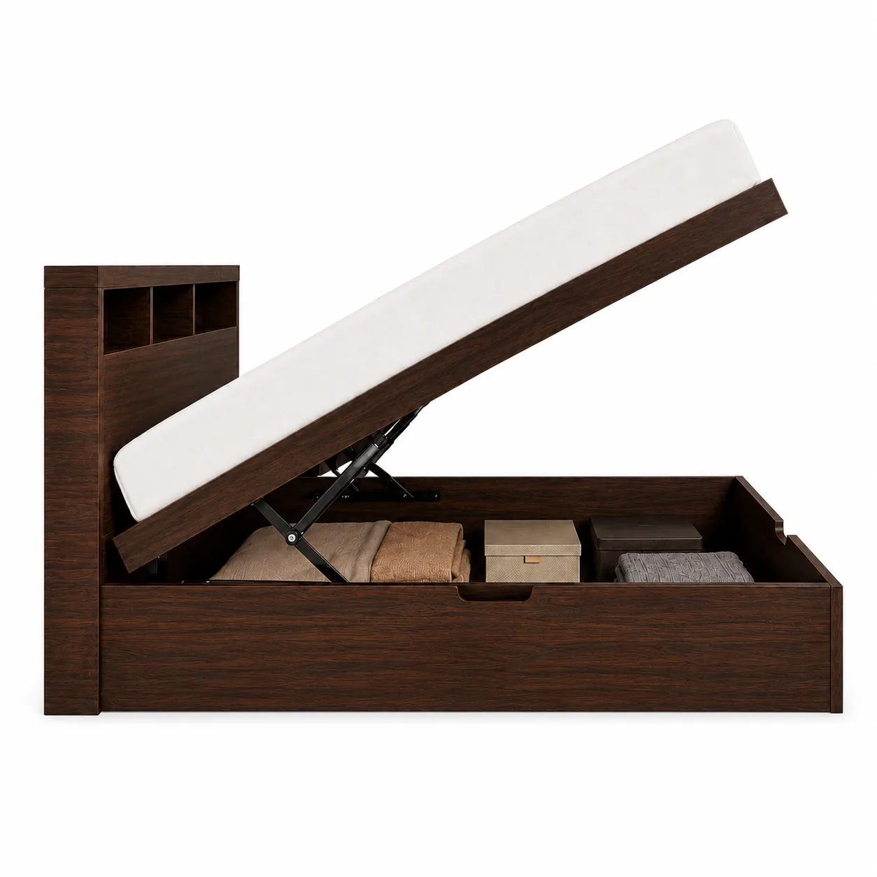 Aurelle Box Storage Bed hydraulic lid open showing storage