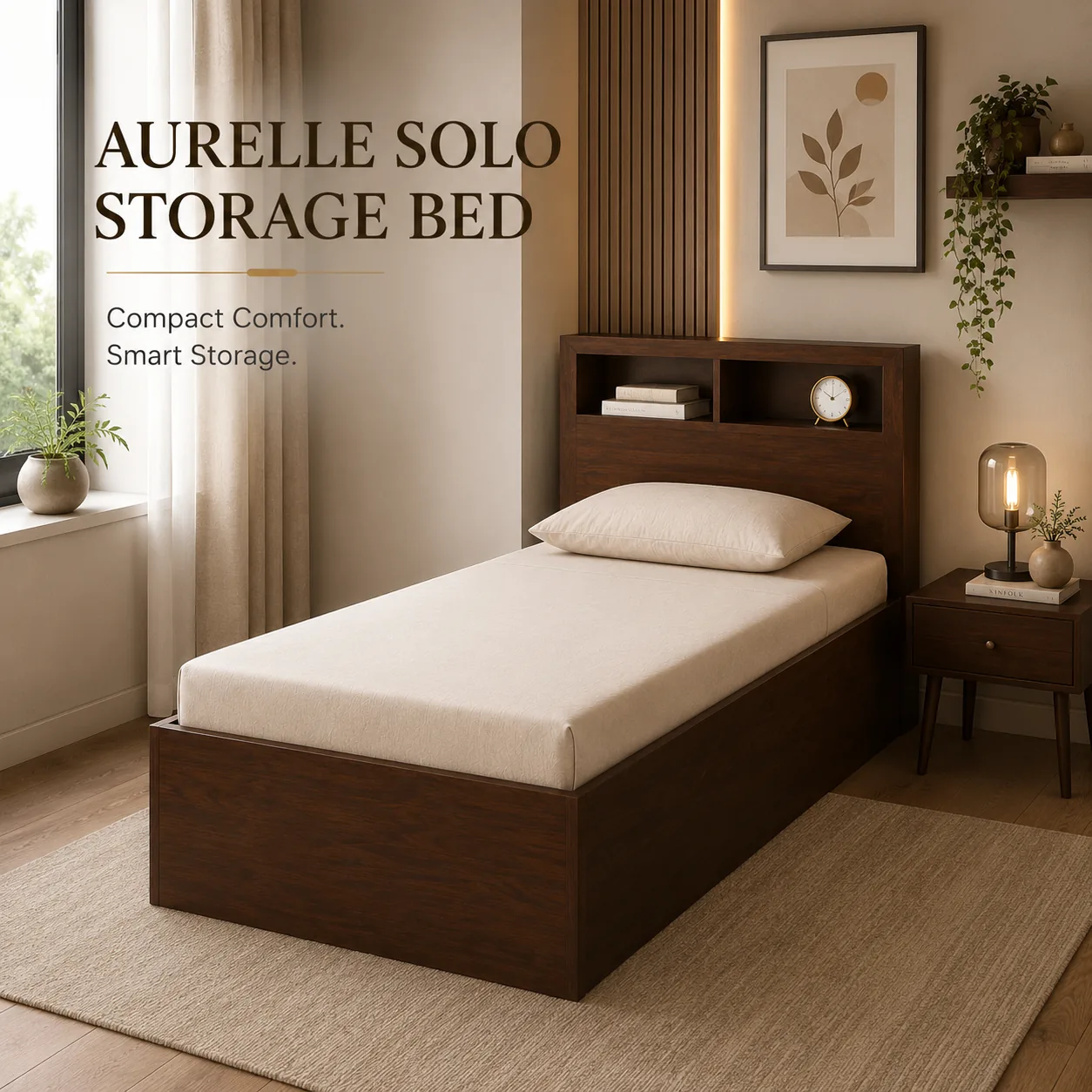Aurelle Solo Storage Bed, a single bed with bookshelf headboard