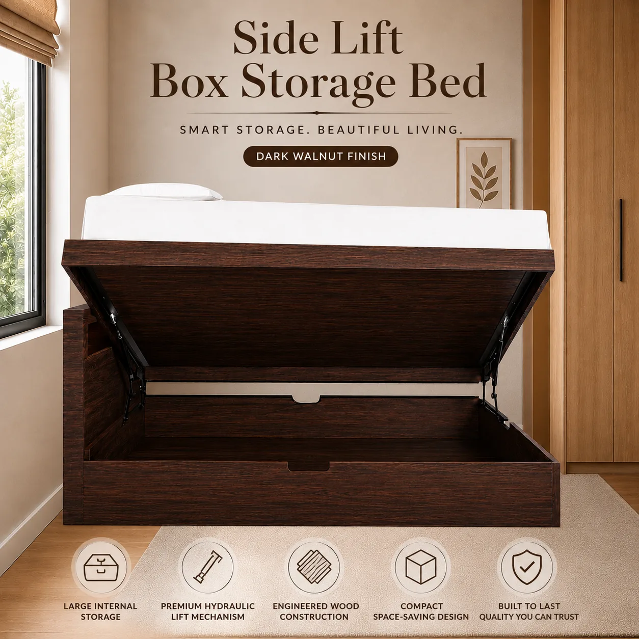 Side Lift Box Storage Bed in dark walnut finish